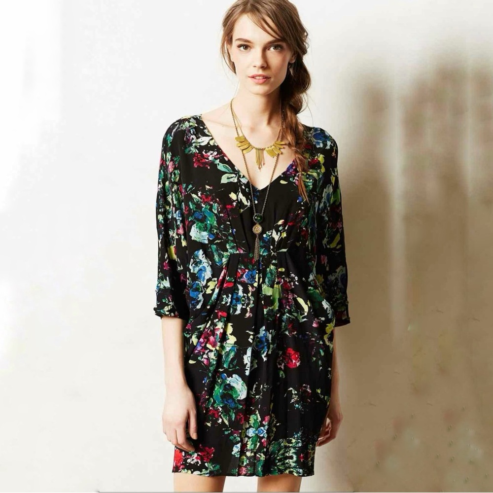 Maeve Anthropologie Petal Palette‎ Floral Drape Tunic Shift Dress Black Small